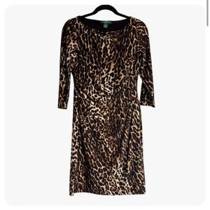 Ralph Lauren Leopard Animal Print Side Ruched 3/4 Sleeve Dress Size 10